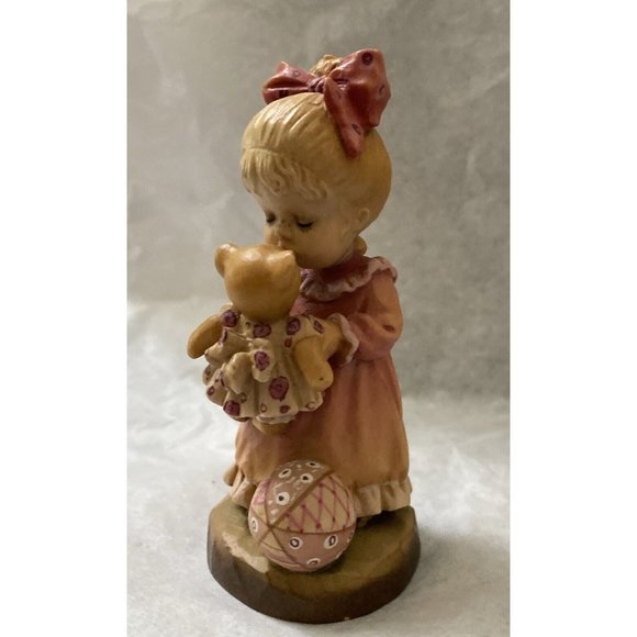 Wood Carving ANRI Wake-up Kiss Girl & Toys Figurine Signed Sarah Kay Teddy Vtg - Picture 7 of 12